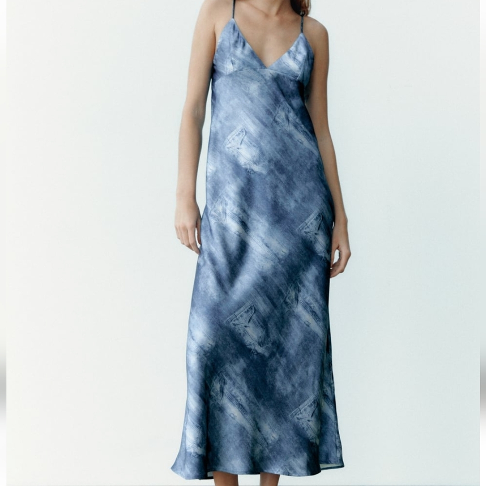 Printed Satin Effect Slip Dress Zara Blue S